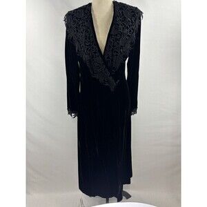 Vintage VTG Flora Nikrooz Dressing Gown Wrap Dress Robe Black Velvet Size Medium